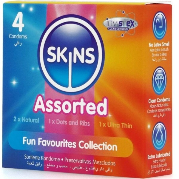 SKINS - PAQUETE DE 4 SKINS DE CONDONES PREMIUM SURTIDOS