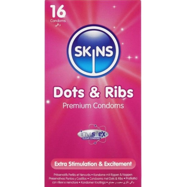 SKINS - PAQUETE DE 16 CONDONES PREMIUM DOTS & RIBS SKINS