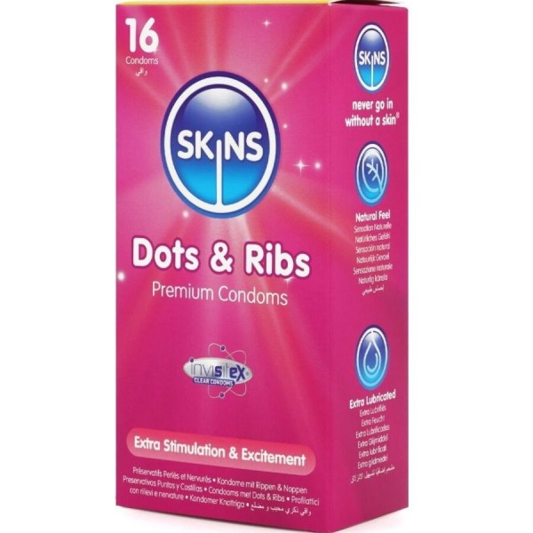 SKINS - PACK DE 16 PRÉSERVATIFS PREMIUM DOTS & RIBS SKINS
