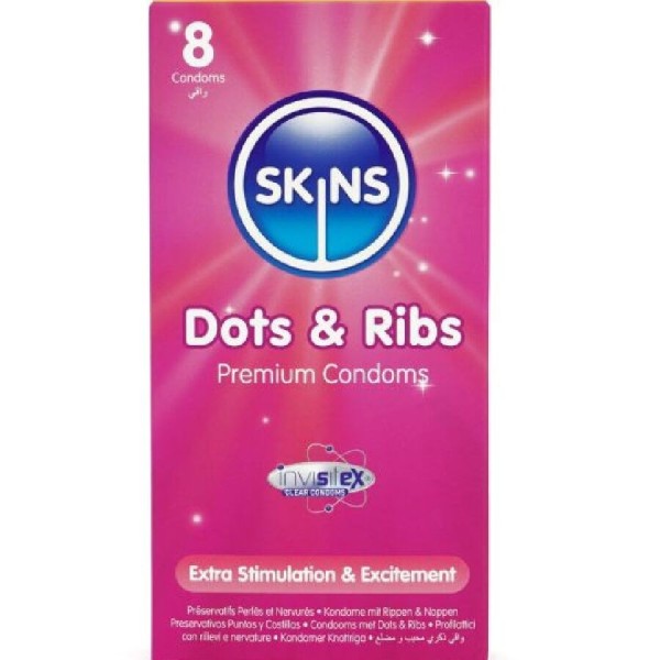 SKINS - PAQUETE DE 8 CONDONES PREMIUM DOTS & RIBS SKINS