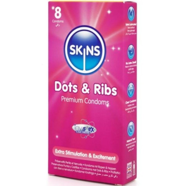 SKINS - PAQUETE DE 8 CONDONES PREMIUM DOTS & RIBS SKINS