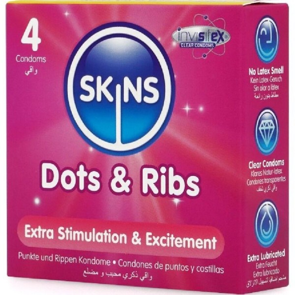 SKINS - PAQUETE DE 4 CONDONES PREMIUM DOTS & RIBS SKINS
