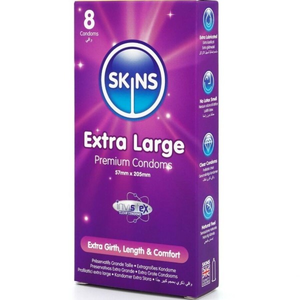 SKINS - PACK DE 8 CONDONES EXTRA GRANDES PREMIUM SKINS