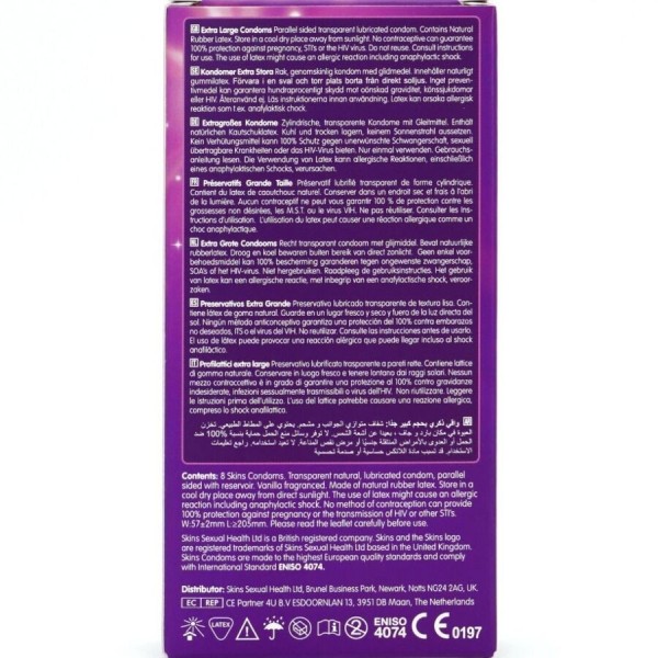 SKINS - PACK DE 8 CONDONES EXTRA GRANDES PREMIUM SKINS