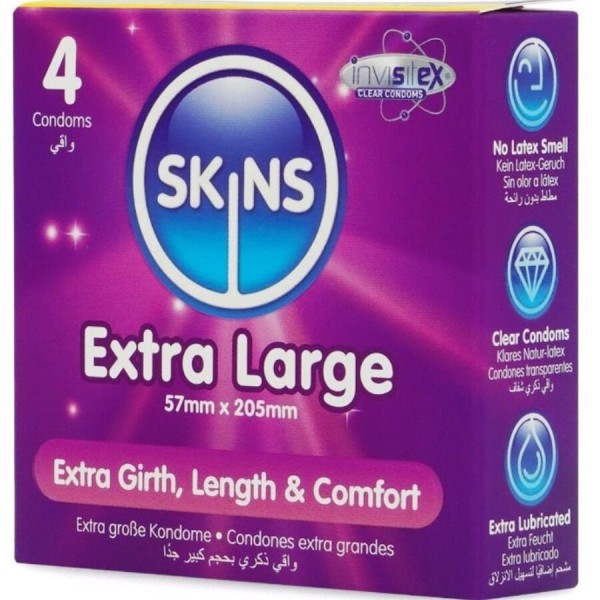 SKINS - PACK DE 4 CONDONES EXTRA GRANDES PREMIUM SKINS
