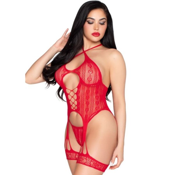 LEG AVENUE - 89338 BODY OUVERT EN DENTELLE AVEC PORTE-JARRETELLES + STRING ROUGE - TAILLE UNIQUE LEG AVENUE BODYSTOCKINGS