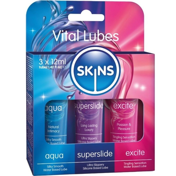 KIT DE LUBRIFIANTS VITAL POUR LA PEAU - AQUA, SUPERSLIDE ET EXCITE (3 x 12 ml) SKINS