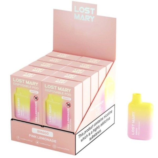 LOST MARY - (PACK PROFESSIONNEL EXPOSANT -10 UNITÉS) BM600 NICOTINE VAPER 2% JETABLE LIMONADE ROSE LOST MARY