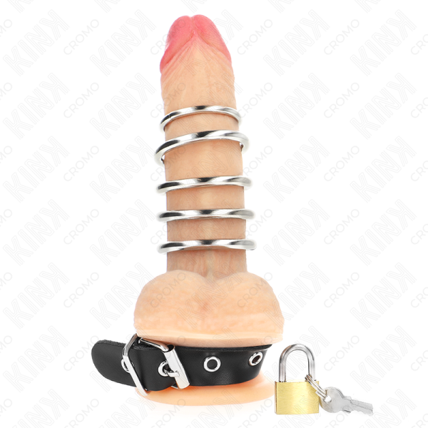 KINK - ANNEAU PÉNIS EN CUIR AVEC SANGLE DE VERROUILLAGE 21 X 2 CM ET 5 ANNEAUX MÉTALLIQUES DE 3 CM À 4 CM KINK RING POWER
