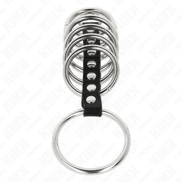 KINK - 7 ANNEAUX PÉNIS EN MÉTAL DE 3,2 CM À 5 CM CONNECTÉS PAR DU CUIR KINK RING POWER