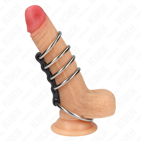 KINK - 5 ANNEAUX PÉNIS DE 3,7 CM À 5 CM EN MÉTAL RELIES PAR DU CUIR KINK RING POWER