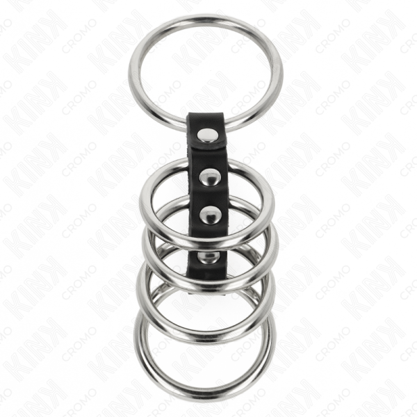 KINK - 5 ANNEAUX PÉNIS DE 3,7 CM À 5 CM EN MÉTAL RELIES PAR DU CUIR KINK RING POWER