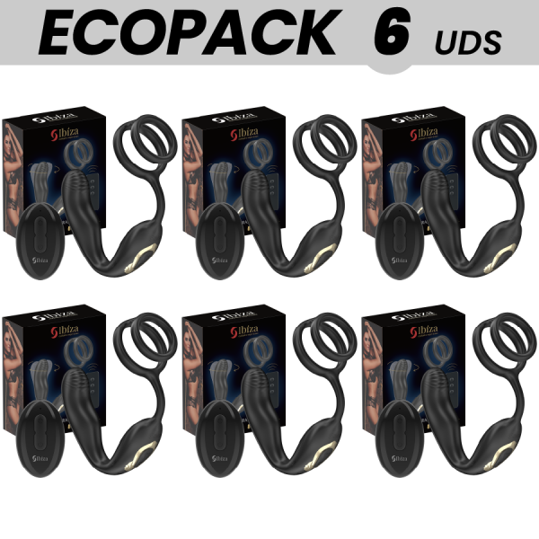 ECOPACKS 6 UNIDADES - PLUG ANAL ROTATIVO COM CONTROLE REMOTO IBIZA WIGGLE COM VIBRAÇÃO PERINEAL E ANÉIS DE AUMENTO DO PÊNIS IBIZ