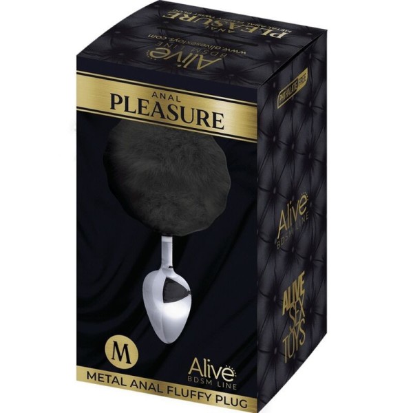 ALIVE - PLUG DE PLAISIR ANAL LISSE MÉTAL FLUFFY NOIR TAILLE M ALIVE
