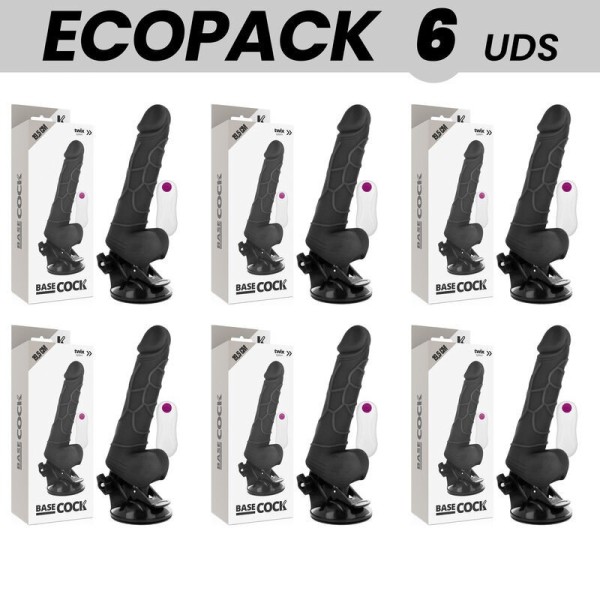 ECOPACK 6 UNITÉS - BASECOCK VIBRATEUR RÉALISTE TÉLÉCOMMANDE NOIR AVEC TESTICULES 19.5 CM -O- 4 CM BASECOCK