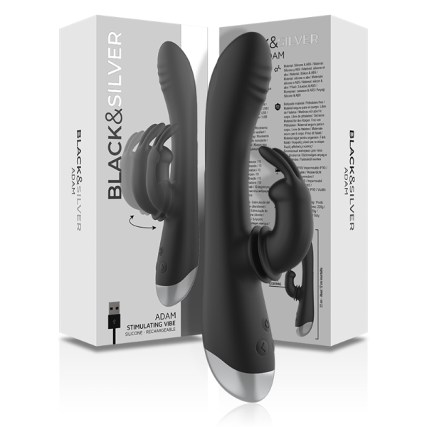 BLACK&SILVER - DJ. STIMULATEUR DE LAPIN RECHARGEABLE EN SILICONE ADAM NOIR BLACK&SILVER