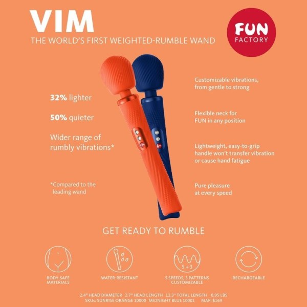 FUN FACTORY - VIM BAGUETTE RUMBLE VIBRANTE RECHARGEABLE EN SILICONE BLEU MINUIT FUN FACTORY