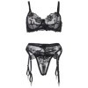 SUBBLIME - ENSEMBLE 3 PIÈCES SOUTIEN-GORGE + STRING + JARRETIÈRE IMPRIMÉ FLORAL NOIR S/M SUBBLIME SETS