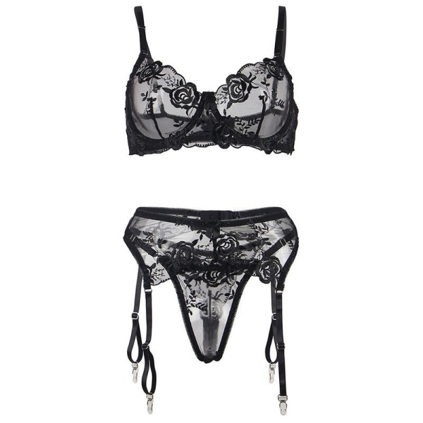 SUBBLIME - LOT 3 PIÈCES SOUTIEN-GORGE + STRING + JARRETIÈRE IMPRIMÉ FLORAL NOIR L/XL SUBBLIME SETS