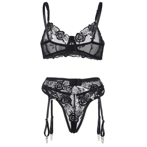 SUBBLIME - LOT 3 PIÈCES SOUTIEN-GORGE + STRING + JARRETIÈRE IMPRIMÉ FLORAL NOIR L/XL SUBBLIME SETS