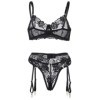 SUBBLIME - LOT 3 PIÈCES SOUTIEN-GORGE + STRING + JARRETIÈRE IMPRIMÉ FLORAL NOIR L/XL SUBBLIME SETS