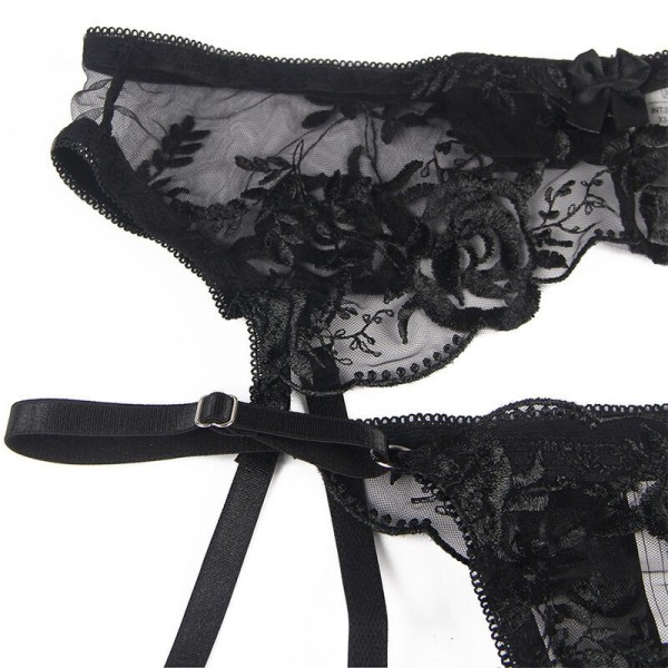 SUBBLIME - LOT 3 PIÈCES SOUTIEN-GORGE + STRING + JARRETIÈRE IMPRIMÉ FLORAL NOIR L/XL SUBBLIME SETS