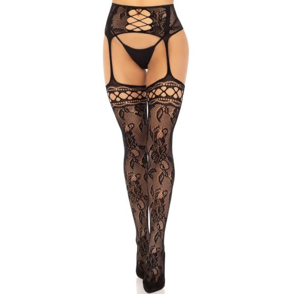 LEG AVENUE - BAS JARRETIÈRE DENTELLE FLORALE NOIR LEG AVENUE HOSIERY