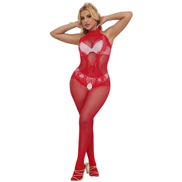 SUBBLIME - 952372 BODYSTOCKING RÉSILLE ET DENTELLE SANS FOURRURE COL MONTANT ROUGE TAILLE UNIQUE SUBBLIME BODYSTOCKINGS