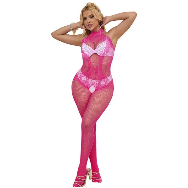 SUBBLIME - 952389 BODYSTOCKING RÉSILLE ET DENTELLE SANS FOURRURE AVEC COL MONTANT ROSE TAILLE UNIQUE SUBBLIME BODYSTOCKINGS