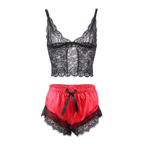SUBBLIME - 953966 CHEMISE DE NUIT DÉCONTRACTÉE EN SOIE + PANTALON EN DENTELLE NOIR/ROUGE L/XL SUBBLIME SETS