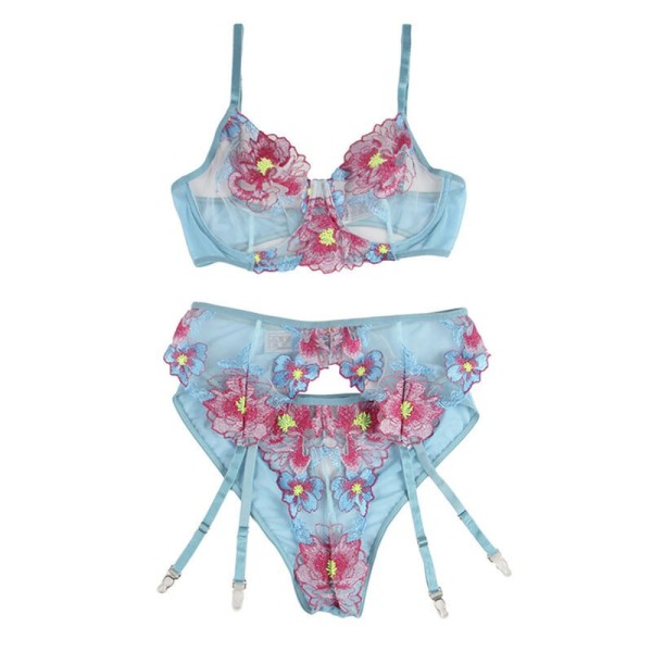 SUBBLIME - 954116 SOUTIEN-GORGE + CULOTTE AVEC PORTE-JARRETELLES MOTIF FLORAL BLEU L/XL SUBBLIME SETS