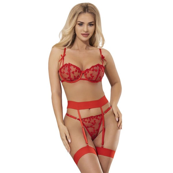 SUBBLIME - 954321 SOUTIEN-GORGE + STRING + PORTE-JARRETELLES IMPRIMÉ COEUR ROUGE S/M SUBBLIME SETS