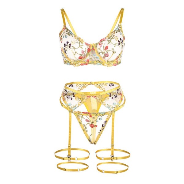 SUBBLIME - 954345 SOUTIEN-GORGE + STRING + PORTE-JARRETELLES MOTIF FLORAL JAUNE S/M SUBBLIME SETS