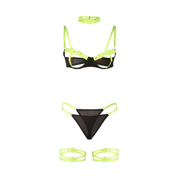 SUBBLIME - 955274 ENSEMBLE SOUTIEN-GORGE AVEC COLLIER ET DÉTAILS DE JAMBES VERT FLUORESCENT S/M SUBBLIME SETS