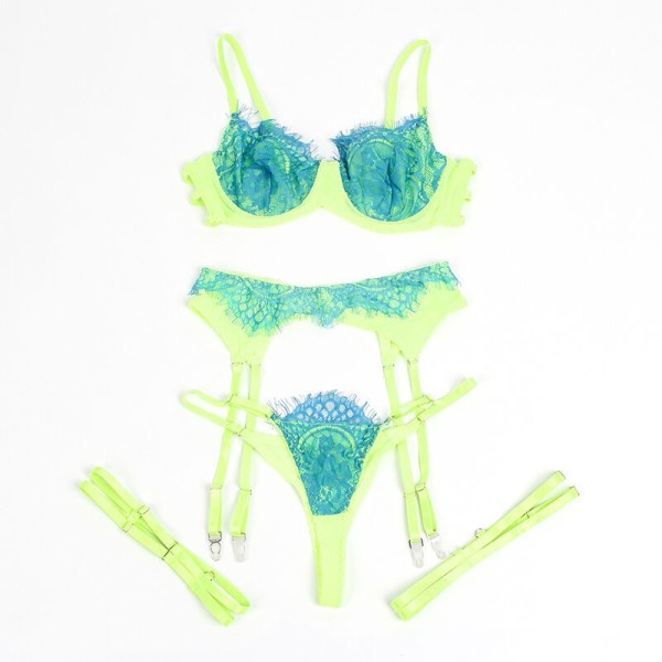 SUBBLIME - 955311 ENSEMBLE SOUTIEN-GORGE AVEC LIGNES DENTELLE ET JARRETELLE VERT ET BLEU S/M SUBBLIME SETS