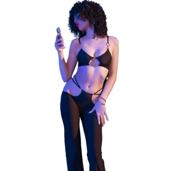 CHILIROSE - CR 4851 CONJUNTO TOP E LEGGING PRETO COM ACESSÓRIOS DOURADOS M CONJUNTOS CHILIROSE