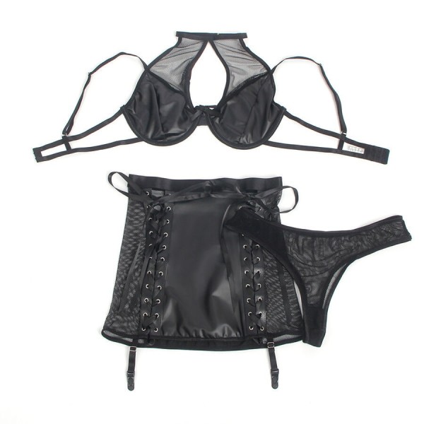 SUBBLIME - 957582 ENSEMBLE SOUTIEN-GORGE ET JUPE EN CUIR NOIR S/M SUBBLIME SETS