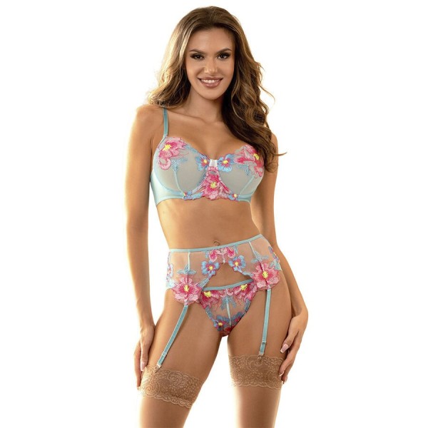 SUBBLIME - 957643 ENSEMBLE SOUTIEN-GORGE ET PORTE-JARRETELLES BRODÉ FLEURS ROSE S/M SUBBLIME SETS