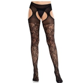 LEG AVENUE - BAS EN DENTELLE FLORALE AVEC JARRETELLES UNITED BLACK LEG AVENUE HOSIERY