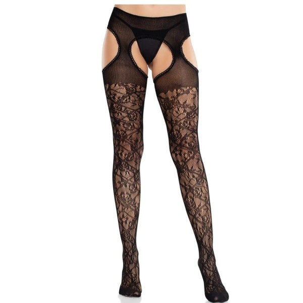 LEG AVENUE - BAS EN DENTELLE FLORALE AVEC JARRETELLES UNITED BLACK LEG AVENUE HOSIERY