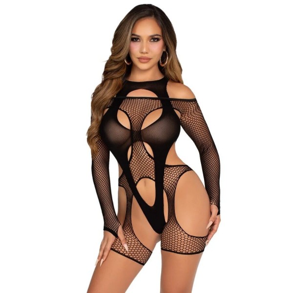 LEG AVENUE - BODYSTOCKING RÉSILLE AVEC PORTE-JARRETELLES ET HARNAIS NOIR LEG AVENUE TEDDIES