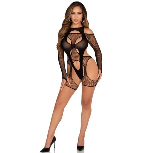 LEG AVENUE - BODYSTOCKING RÉSILLE AVEC PORTE-JARRETELLES ET HARNAIS NOIR LEG AVENUE TEDDIES