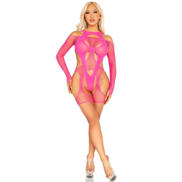 LEG AVENUE - BODYSTOCKING RÉSEILLE AVEC PORTE-JARRETELLES ET HARNAIS ROSE FLUO LEG AVENUE TEDDIES