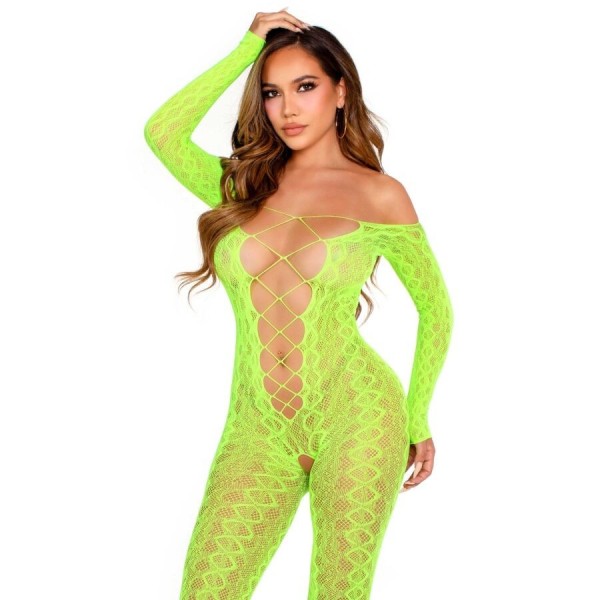 LEG AVENUE - BODYSTOCKING SANS FOURCHE EN DENTELLE SERPENT EXOTIQUE VERT FLUO LEG AVENUE BODYSTOCKINGS