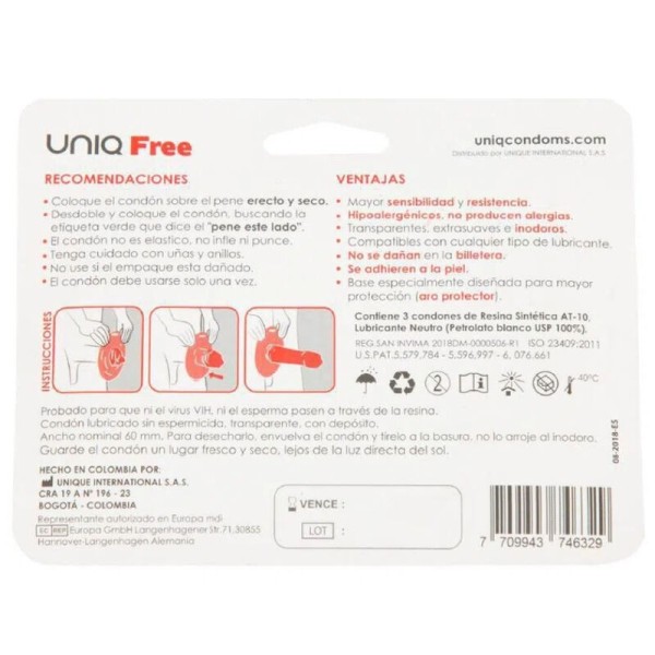 UNIQ - FREE PRÉSERVATIFS SANS LATEX AVEC ANNEAU DE PROTECTION 3 UNITÉS UNIQ