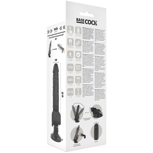 Basecock - Vibrador de controle remoto realista preto 18,5 CM -O- 4CM