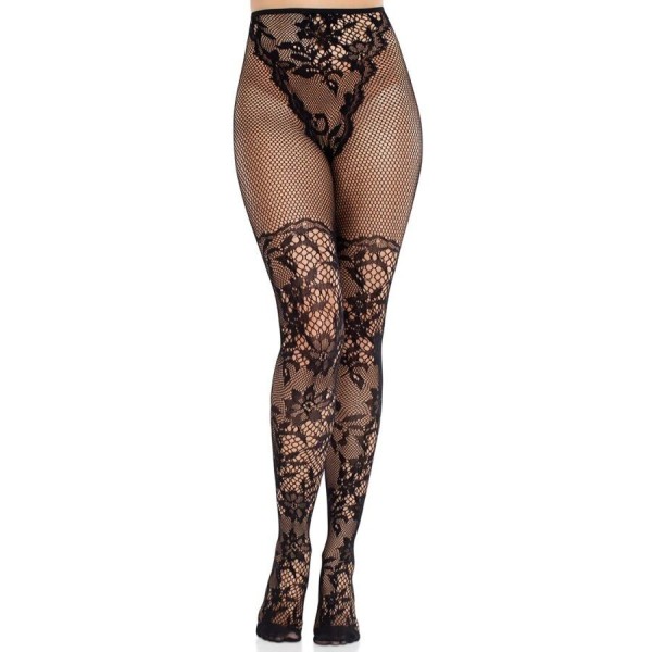 LEG AVENUE - BAS EN DENTELLE DAHLIA AVEC DÉTAIL EN FILET NOIR LEG AVENUE HOSIERY