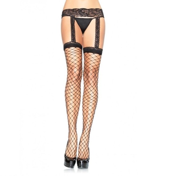 LEG AVENUE - MEIAS ARRASTÃO COM RENDA PRETA GARTER LEG AVENUE HOSIERY