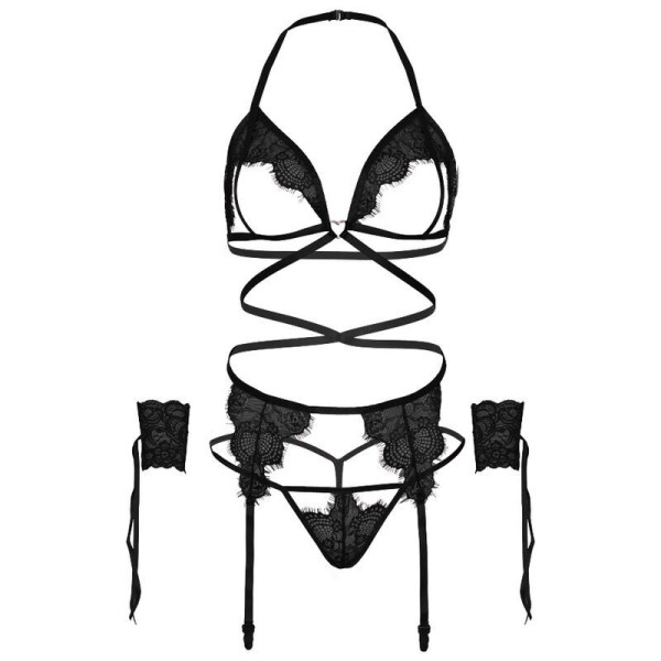 LEG AVENUE - ENSEMBLE QUATRE PIÈCES SOUTIEN-GORGE, STRING, PORTE-JARRETELLES ET POIGNETS TAILLE UNIQUE - NOIR LEG AVENUE SETS