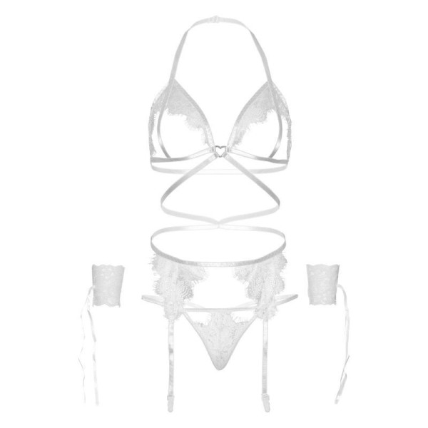 LEG AVENUE - ENSEMBLE QUATRE PIÈCES SOUTIEN-GORGE, STRING, PORTE-JARRETELLES ET POIGNETS TAILLE UNIQUE - BLANC LEG AVENUE SETS